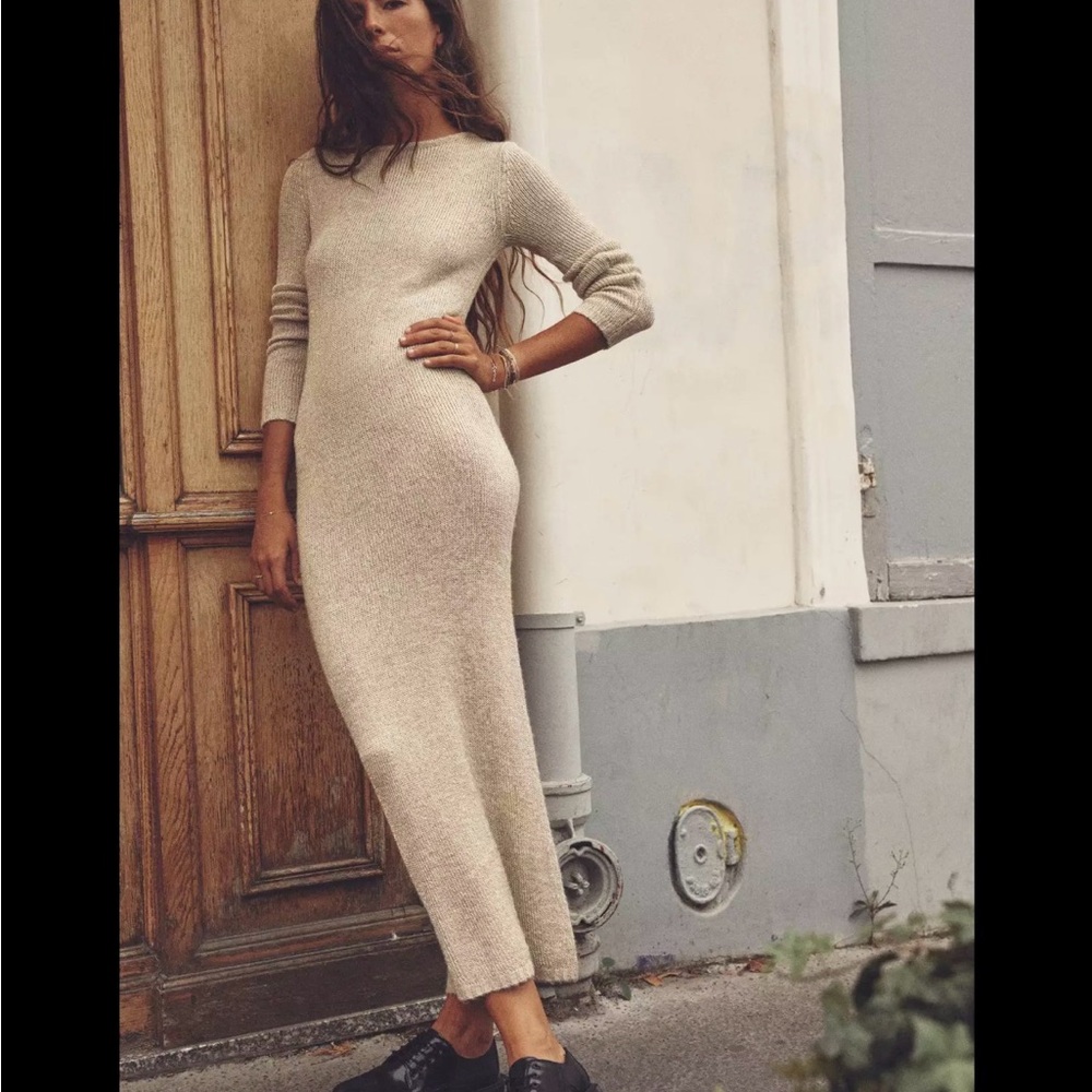 MOVING SALE NWT Zara Women's Long Metallic Knit Sweater Dress in Beige